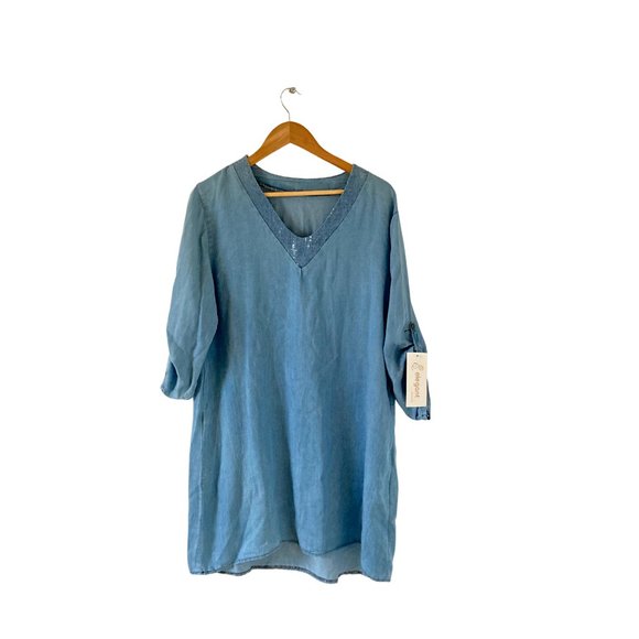 Unbranded Dresses & Skirts - BNWT Women's Solid Blue Pullover V-Neck Long Sleeve Denim Tunic Dress Size UK 14